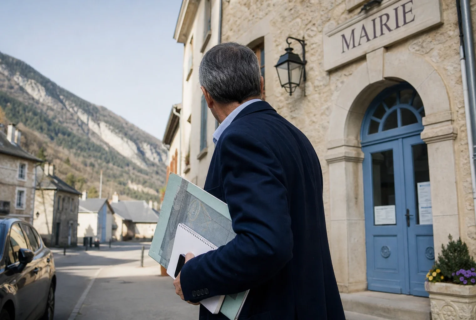 Élu local de dos tenant un carnet devant une petite mairie de montagne, en lumière naturelle