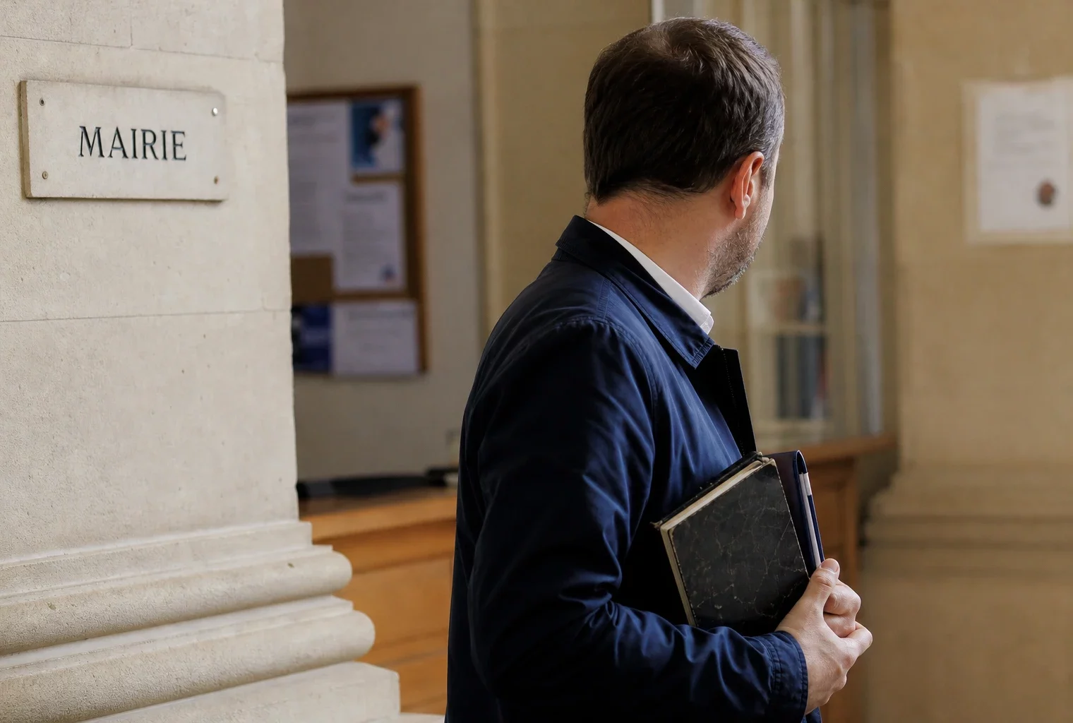 Élu local anonyme dans le hall lumineux d’une mairie, carnet et dossier à la main, en portrait de presse