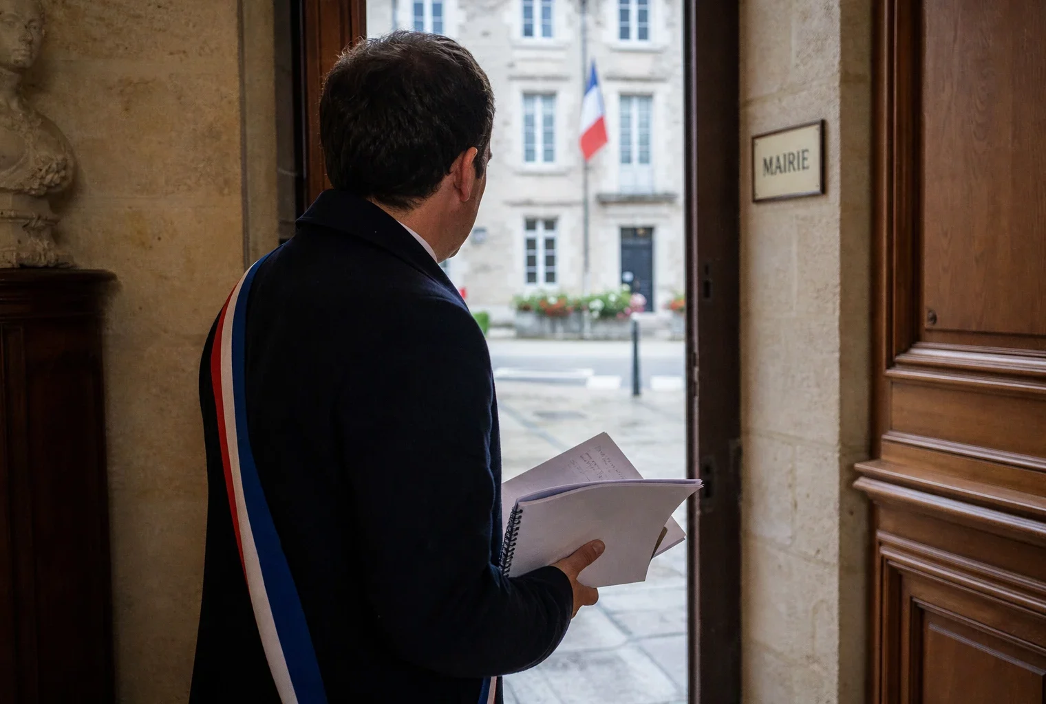Élu local anonyme de dos dans un couloir de mairie, carnet en main, avec la rue civique en arrière-plan.