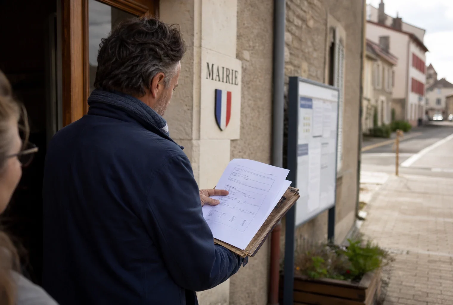 Un élu local vu de dos consulte un dossier devant une mairie française, dans une rue calme et lumineuse.