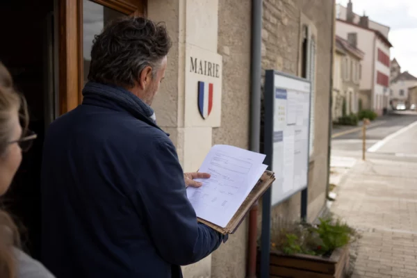 Un élu local vu de dos consulte un dossier devant une mairie française, dans une rue calme et lumineuse.