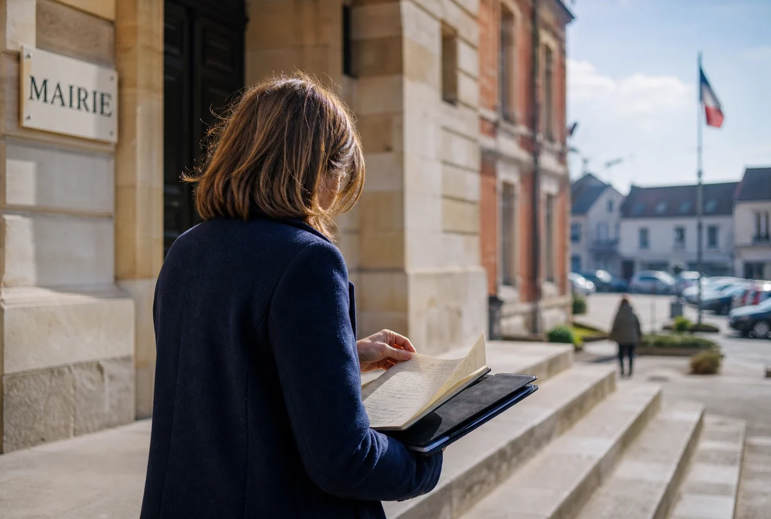Élu local anonyme devant une mairie française, carnet à la main, dans une ambiance de campagne politique discrète.