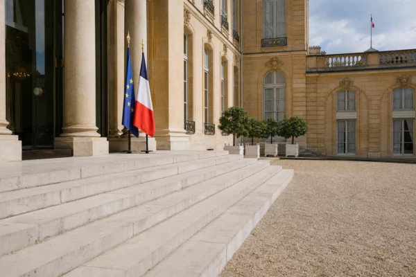 Cour intérieure de l’Élysée vide et lumineuse, avec façade de pierre et marbre avant une visite officielle.