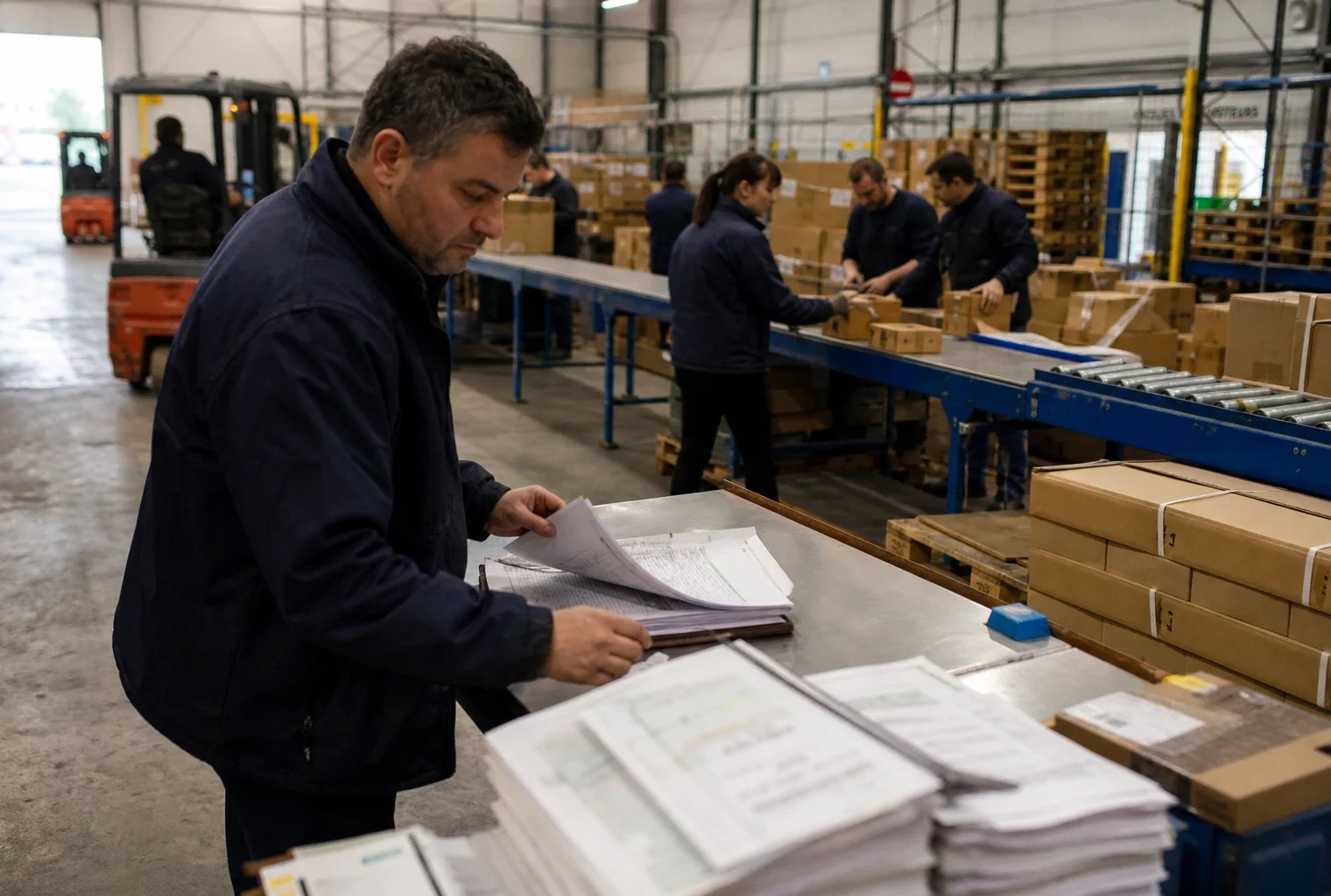 Employés anonymes dans un entrepôt français, près d’une table de documents flous et d’une ligne de production.