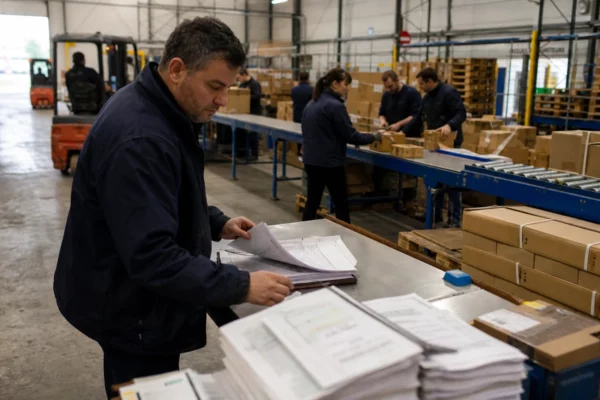 Employés anonymes dans un entrepôt français, près d’une table de documents flous et d’une ligne de production.