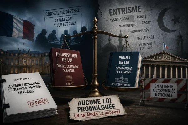 Montage éditorial montrant une balance opposant la proposition de loi du Sénat au projet de loi du gouvernement sur l’entrisme islamiste, un an après le rapport officiel.
