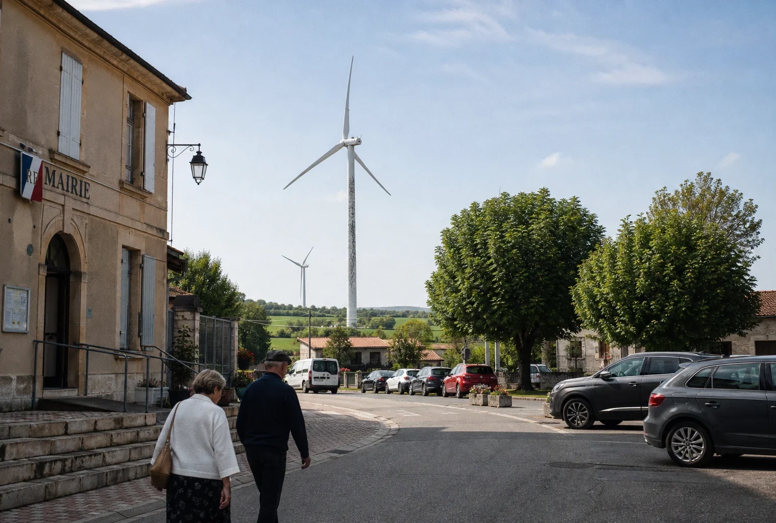 Des éoliennes au loin derrière une place de commune française, avec des habitants anonymes et un paysage rural clair.