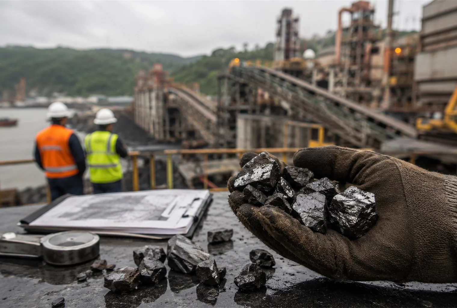 Échantillons de manganèse tenus par un opérateur devant un site industriel de transformation au Gabon.