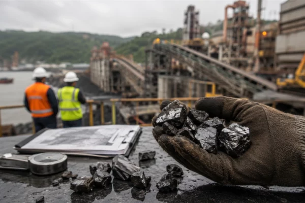 Échantillons de manganèse tenus par un opérateur devant un site industriel de transformation au Gabon.