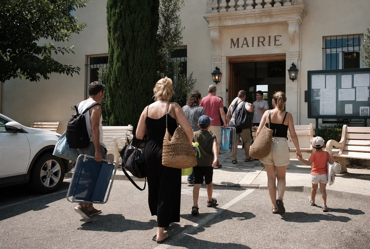 Des habitants évacués attendent devant une mairie de Gironde, sacs à la main, dans une scène de solidarité locale.