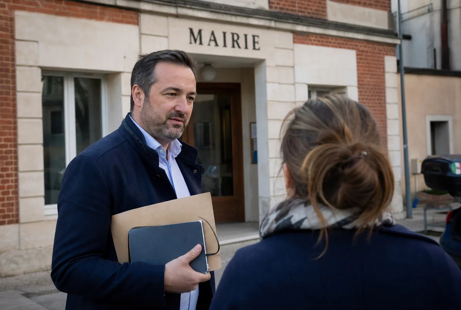 Élu local anonyme devant une mairie, carnet en main, dans une rue française calme au soleil de fin d’après-midi