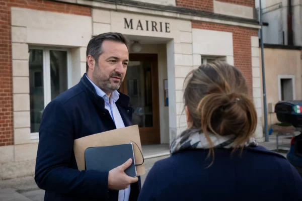 Élu local anonyme devant une mairie, carnet en main, dans une rue française calme au soleil de fin d’après-midi