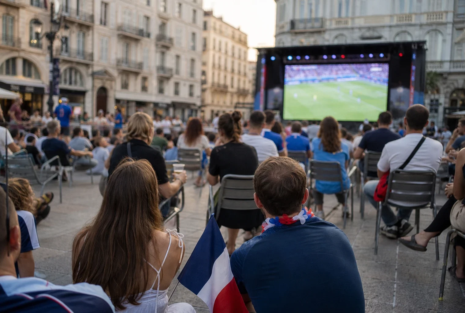 Supporters anonymes réunis sur une place française devant un écran géant pour suivre la Coupe du monde 2026
