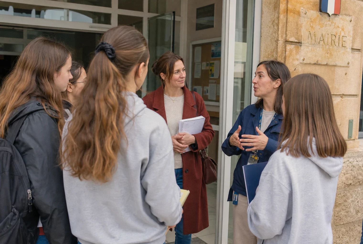 Des collégiennes écoutent une ingénieure devant une mairie, lors d’une rencontre sur les métiers scientifiques.