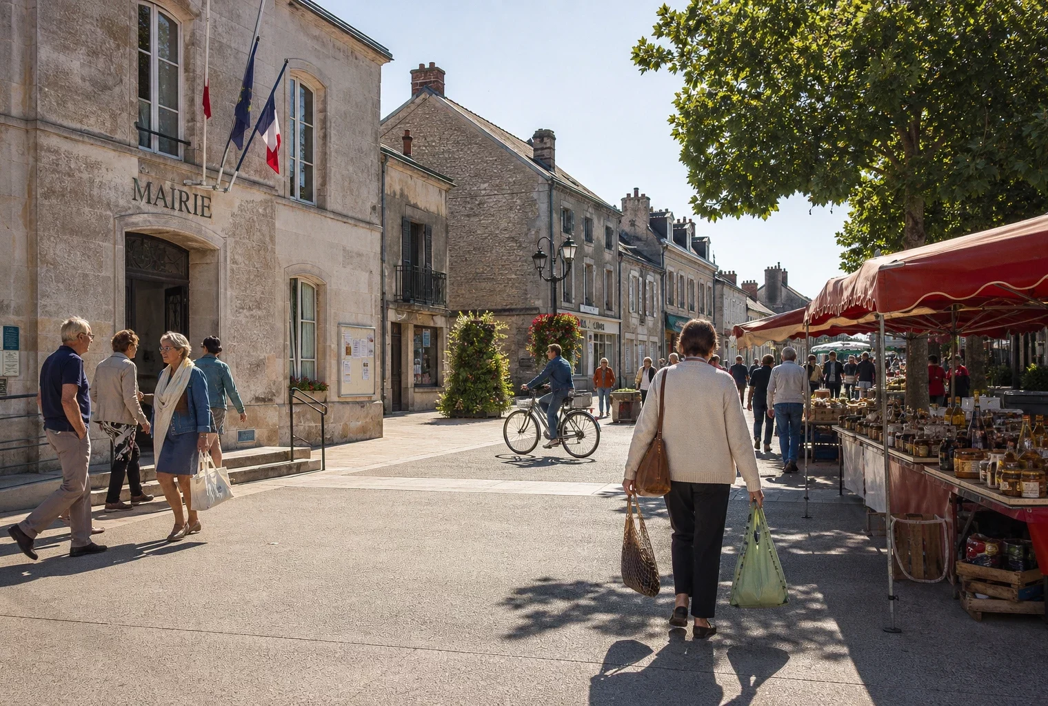 Place de ville française avec mairie, passants anonymes et ambiance calme de fin de journée