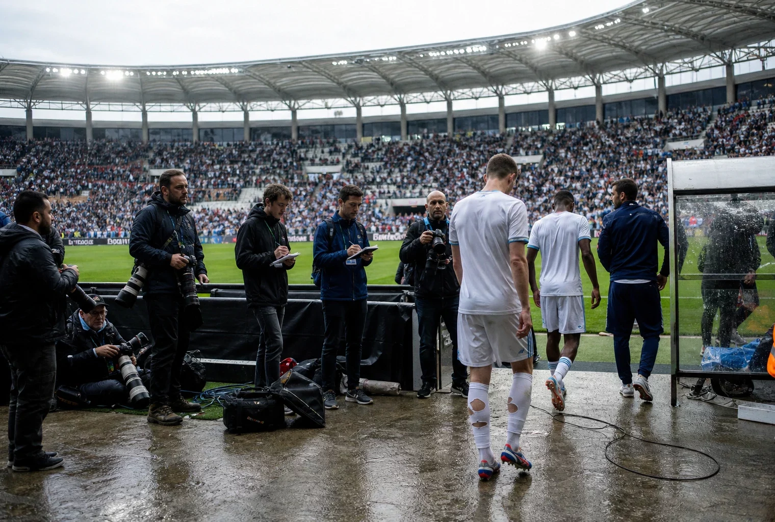 Des journalistes attendent en zone mixte après un match de Coupe du monde 2026, avec des joueurs anonymes au stade.