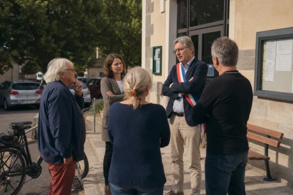 Des habitants discutent devant une mairie de village, dans une scène de proximité liée à l’impact des forêts et de la chaleur.