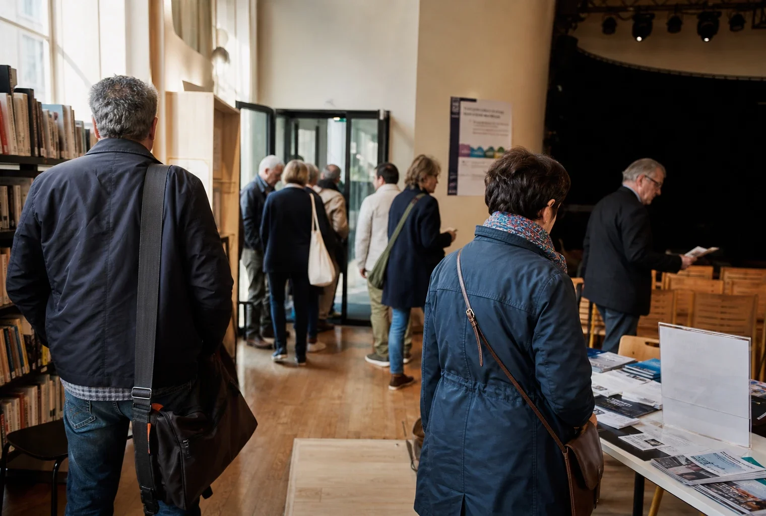 Foyer d’un lieu culturel municipal à Paris avec visiteurs anonymes et brochures floues après un débat public.