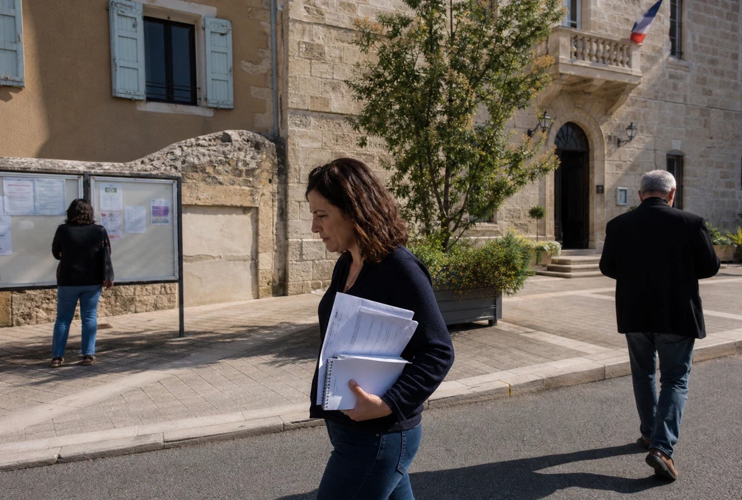 Devant une mairie de ville moyenne, des habitants passent près d’un panneau d’affichage et de documents flous.