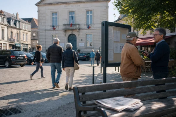 Place d’une ville française avec passants anonymes, mairie en arrière-plan et ambiance politique discrète.