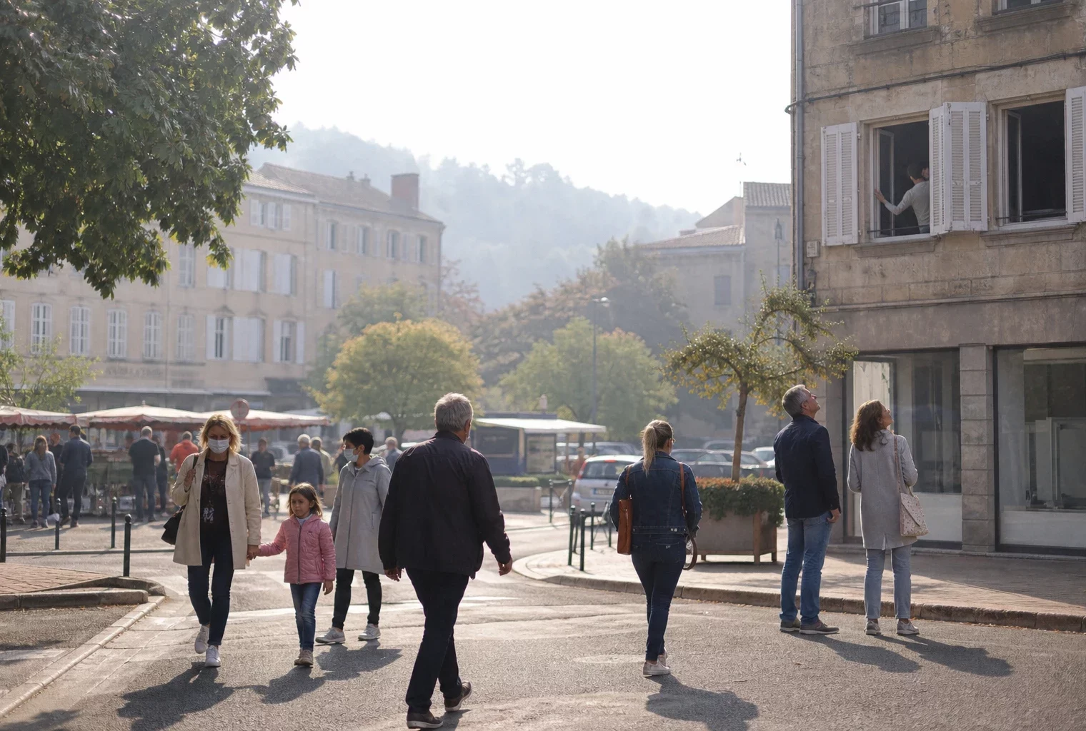 Des habitants traversent une place de ville moyenne sous une légère fumée de feu de forêt, près de la mairie.
