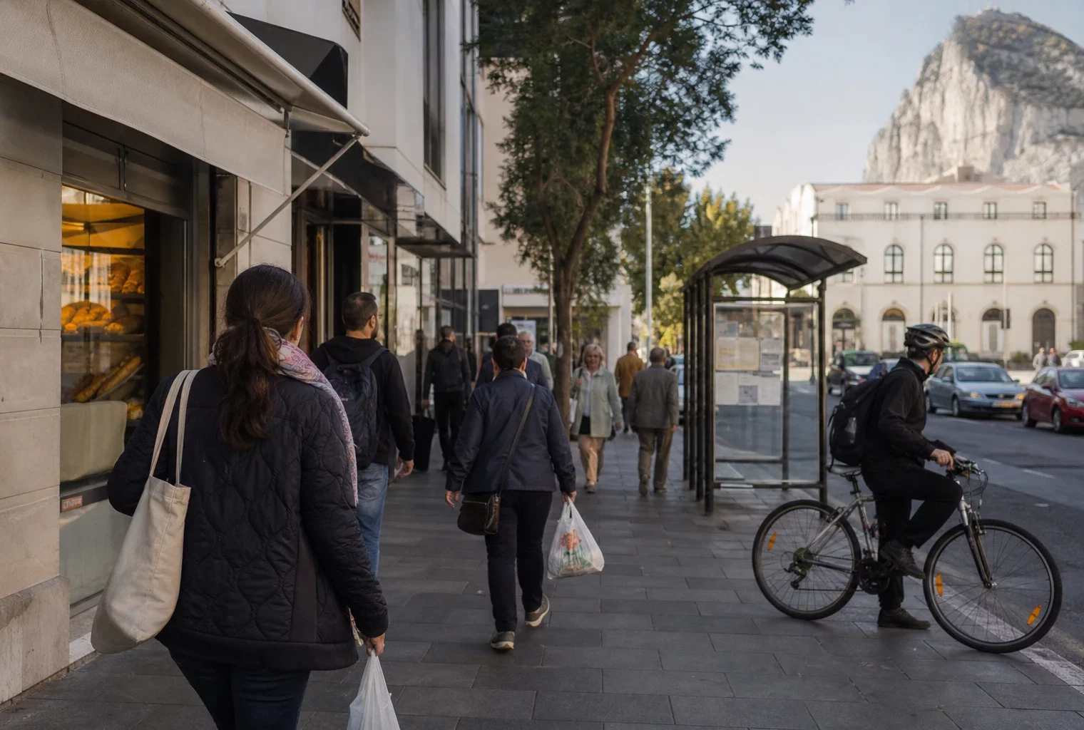 Commuters et passants dans une rue frontalière près de Gibraltar, au petit matin, en ambiance documentaire.