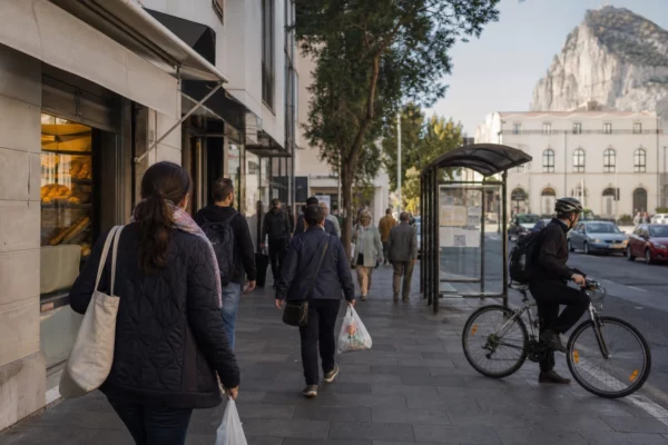 Commuters et passants dans une rue frontalière près de Gibraltar, au petit matin, en ambiance documentaire.