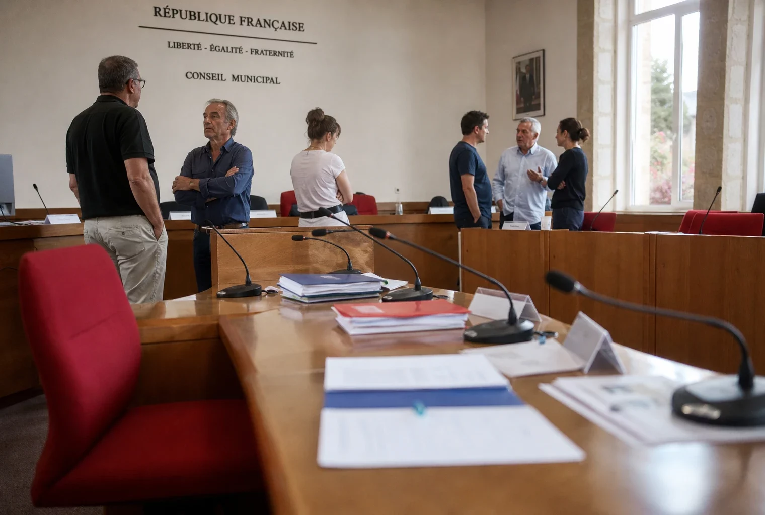 Salle municipale en Gironde avec micros, dossiers et chaise vide après les incendies