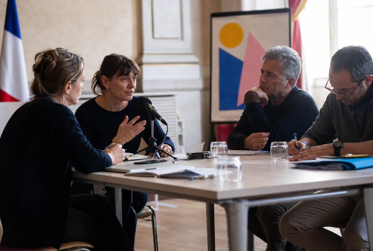 Réunion municipale à Grenoble autour du Cabaret Frappé, avec plusieurs personnes en briefing et micro sur la table.
