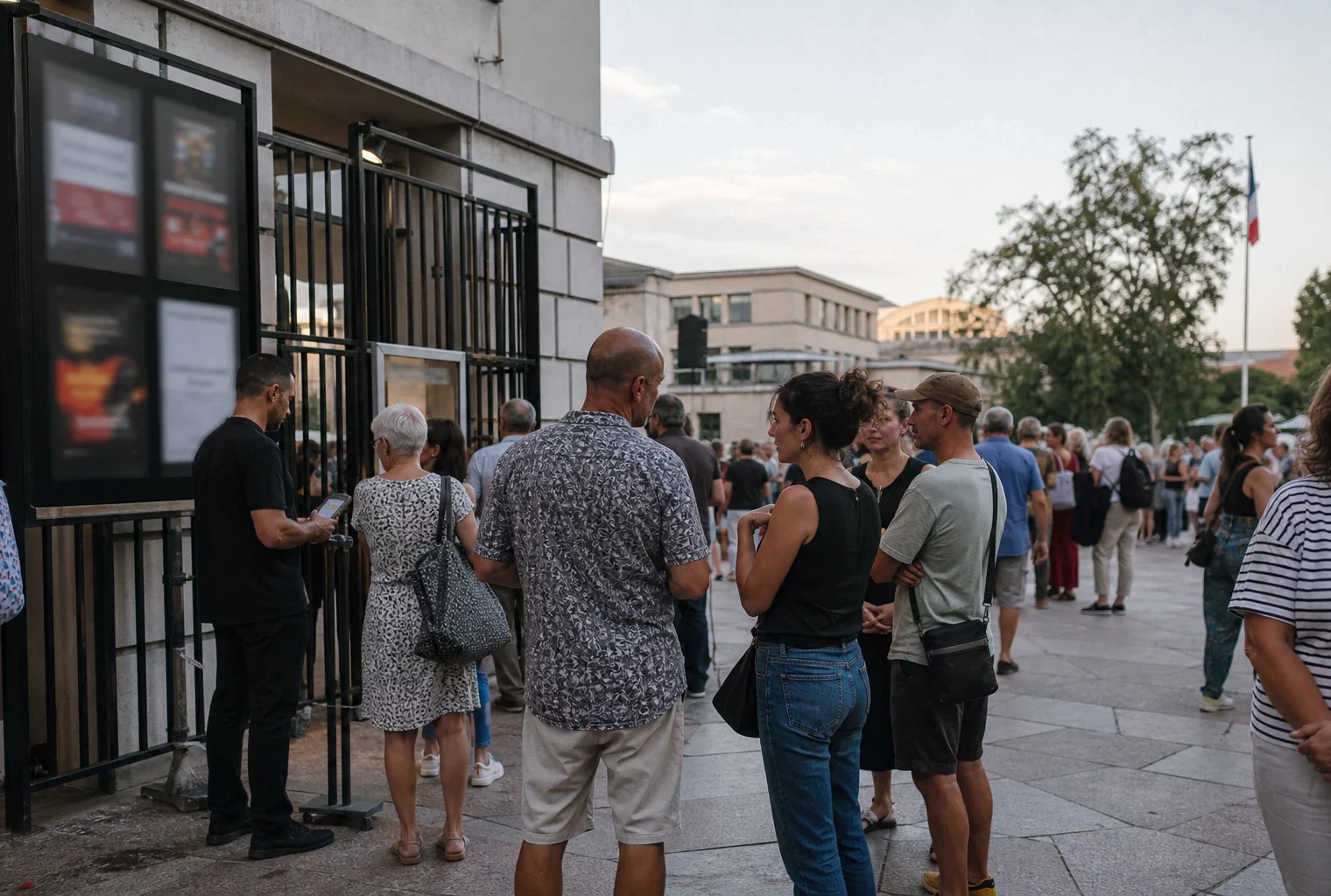 Scène de reportage à Grenoble devant un lieu culturel, avec des spectateurs anonymes et une ambiance de concert en soirée.