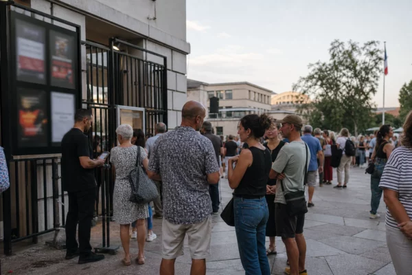 Scène de reportage à Grenoble devant un lieu culturel, avec des spectateurs anonymes et une ambiance de concert en soirée.