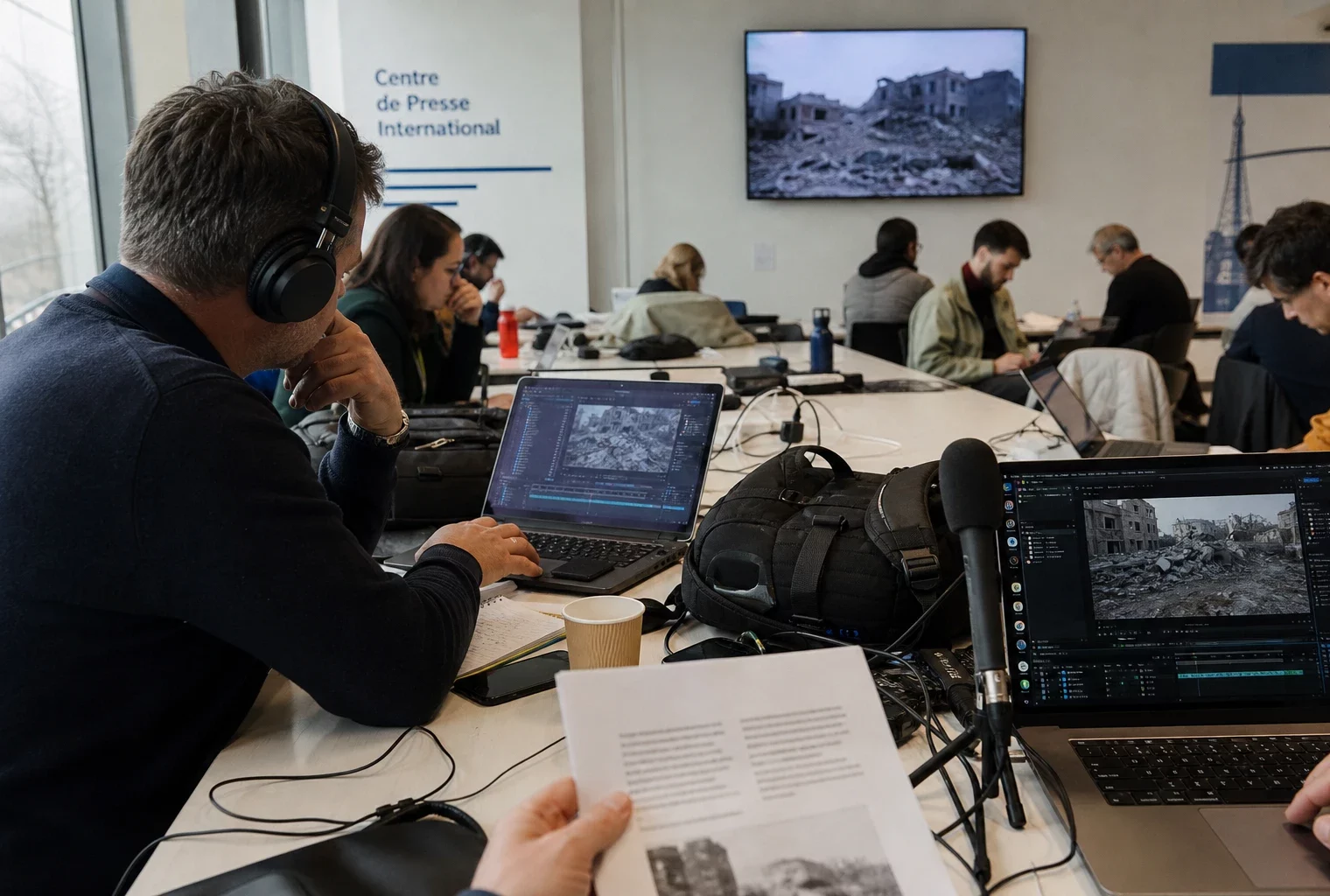 Journalistes dans un centre de presse parisien, devant des écrans et des documents floutés sur la guerre de l’information.