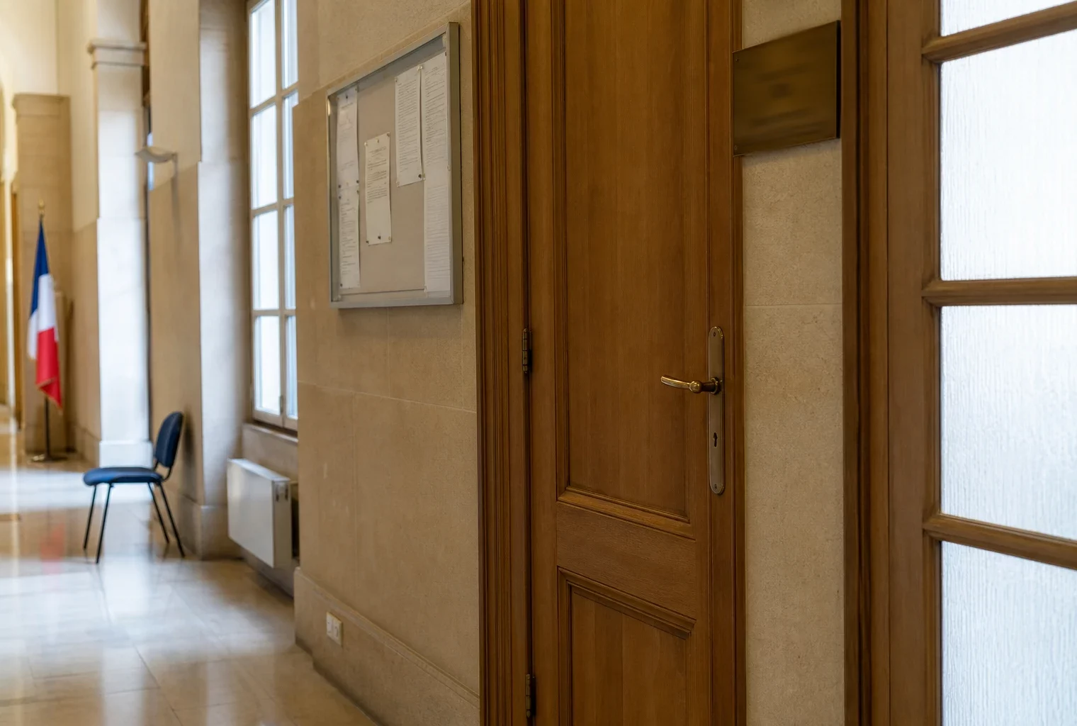 Couloir clair d’une institution publique française avec porte close et salle d’audition au fond