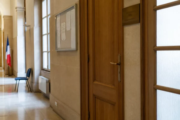 Couloir clair d’une institution publique française avec porte close et salle d’audition au fond