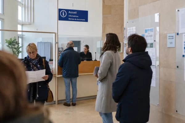 Hall de service public en France avec usagers anonymes, documents flous et ambiance de reportage claire.