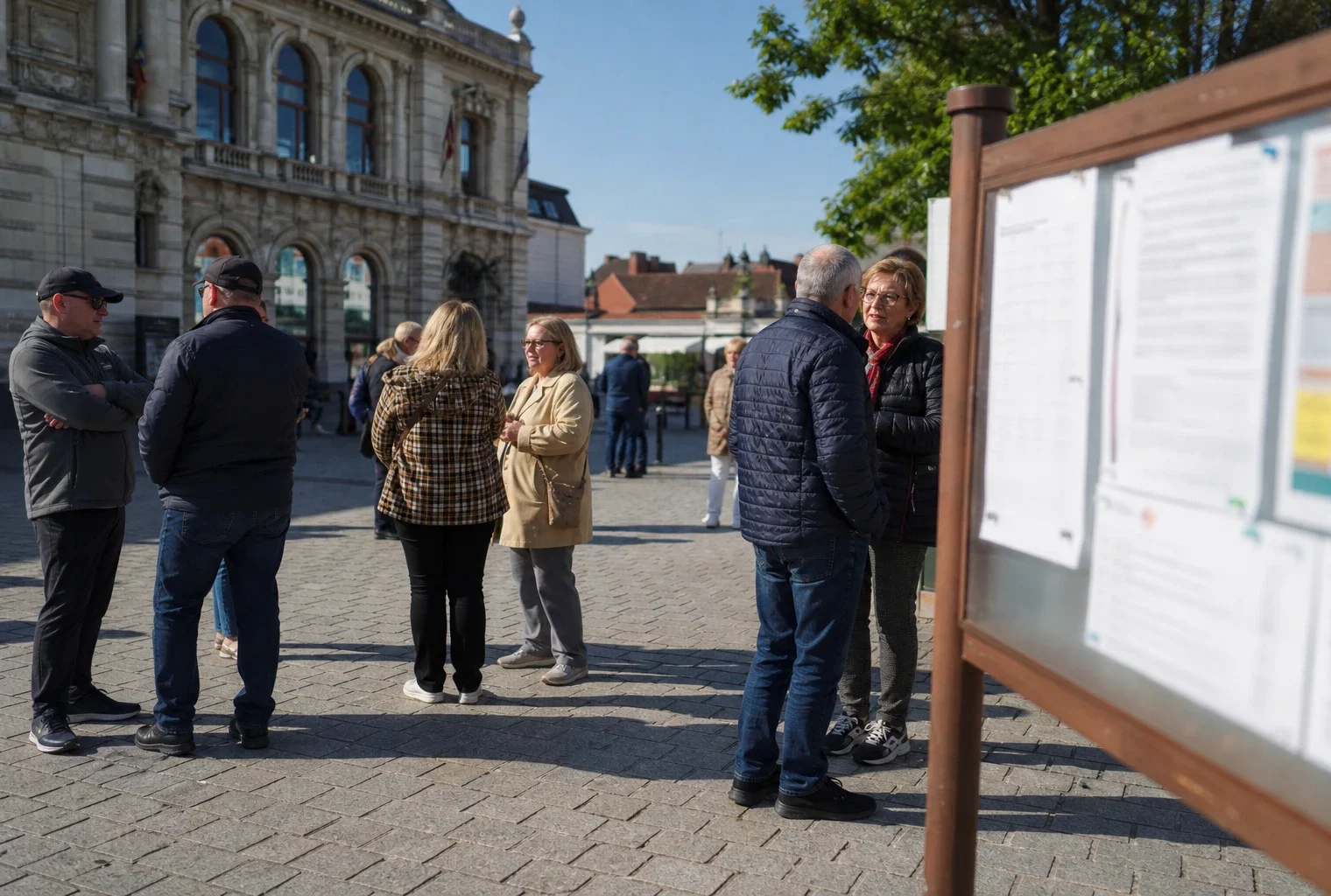 Des habitants discutent sur une place de Hénin-Beaumont devant la mairie, dans une ambiance de reportage calme.