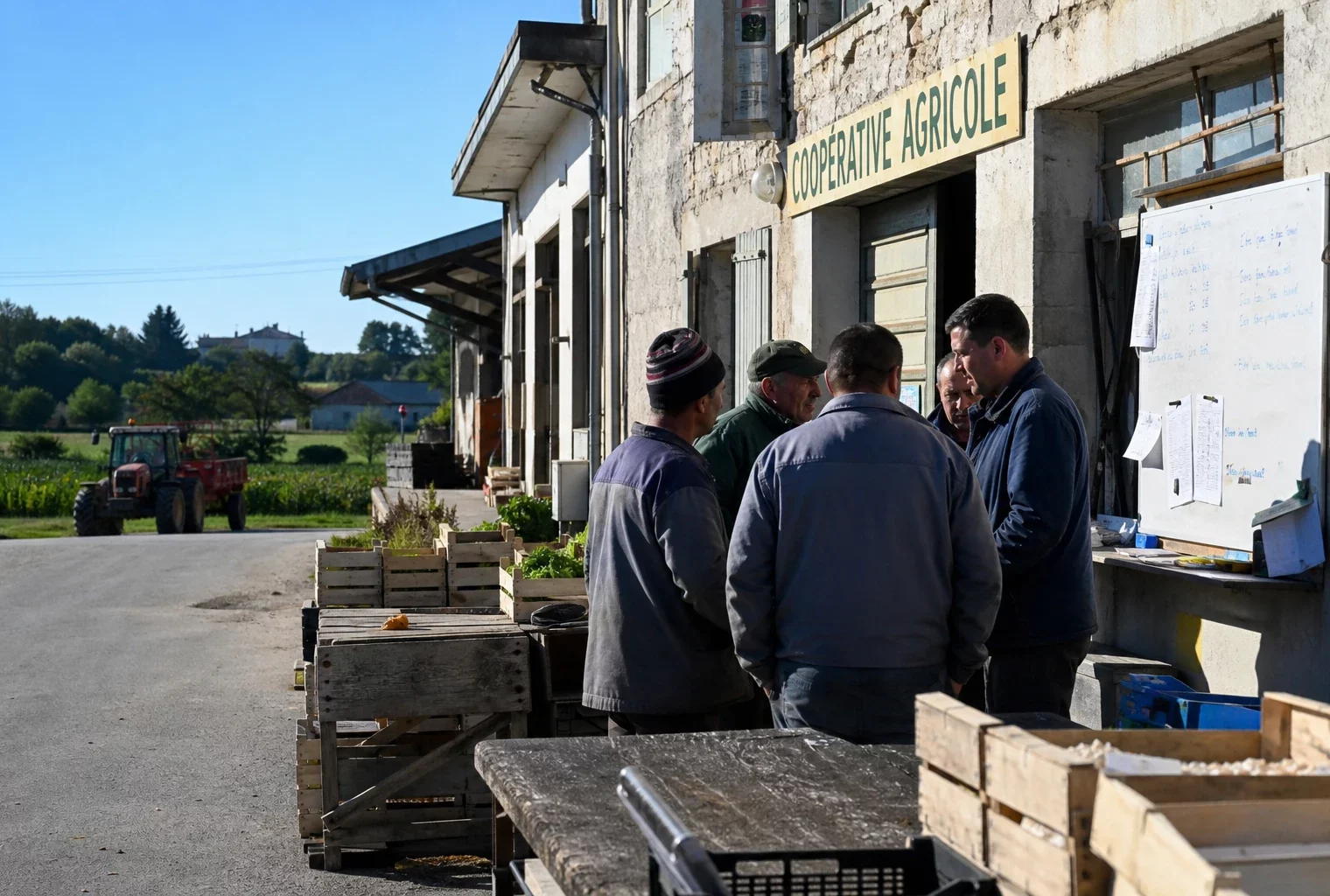 Des agriculteurs et employés d’une coopérative rurale discutent dans une petite commune française en lumière naturelle.