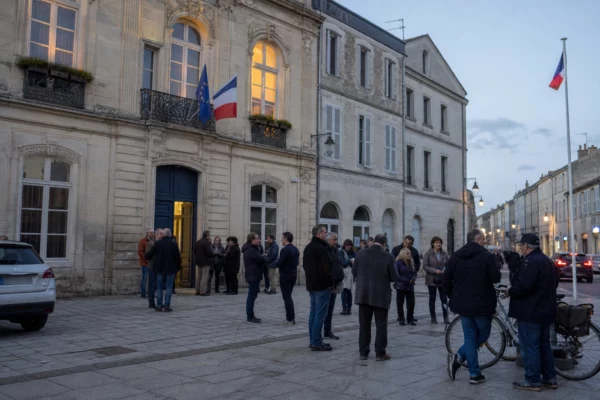 Des soutiens anonymes arrivent près d’une mairie de ville moyenne française, en fin de journée, ambiance civique discrète.