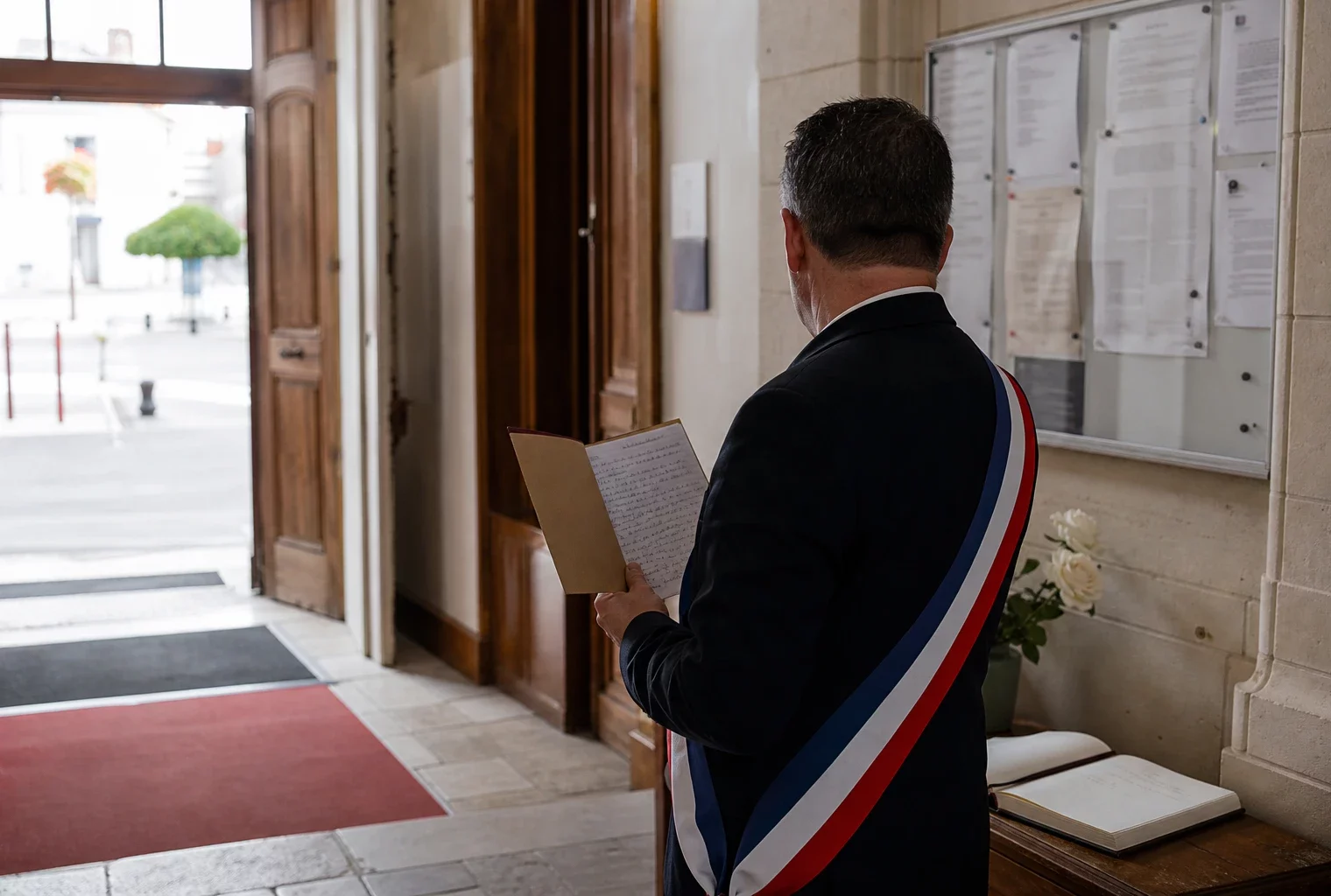 Un élu local de dos dans une mairie, tenant un dossier en hommage aux pompiers morts en Gironde.