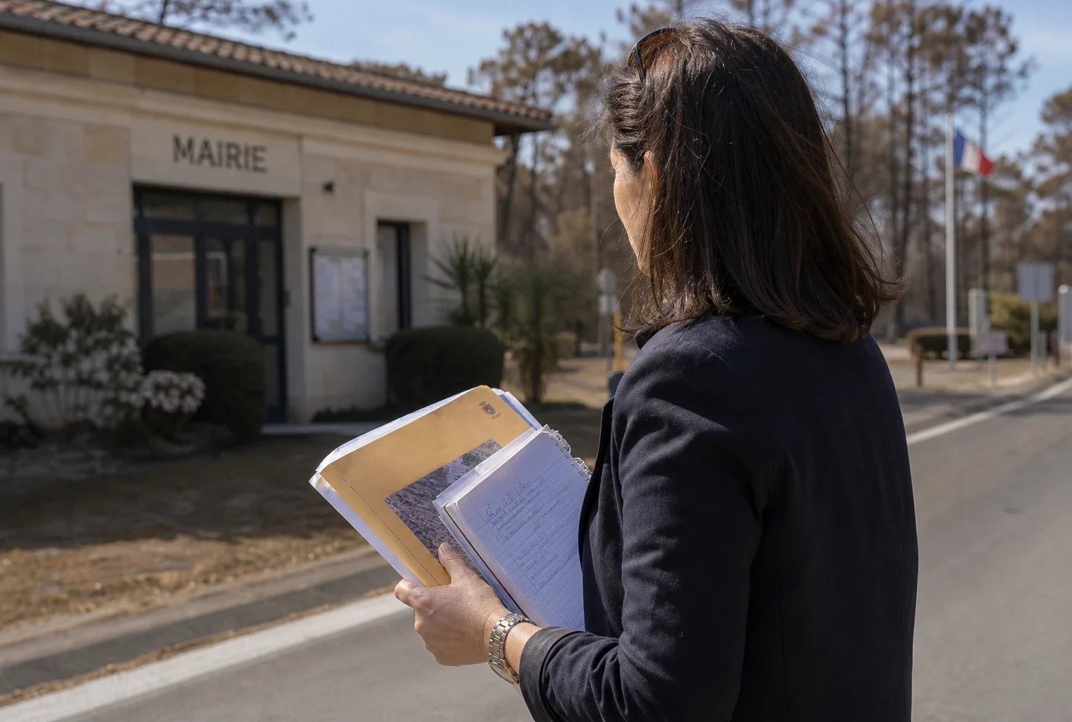 Portrait d’un élu local devant la mairie du Porge avec dossier en main après l’incendie en Gironde.