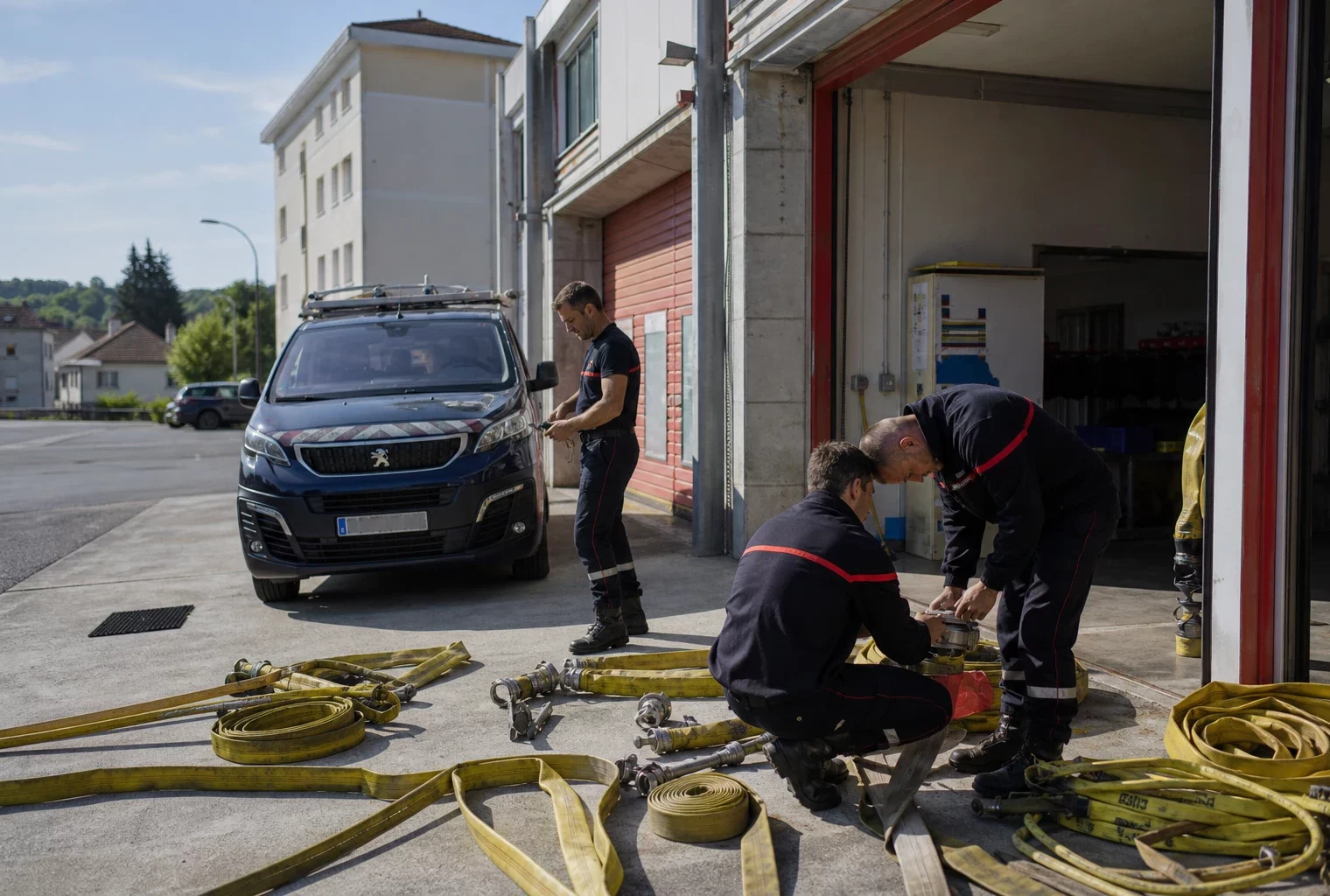 Des pompiers vérifient leur matériel dans une caserne de province française, sous une lumière claire et naturelle.