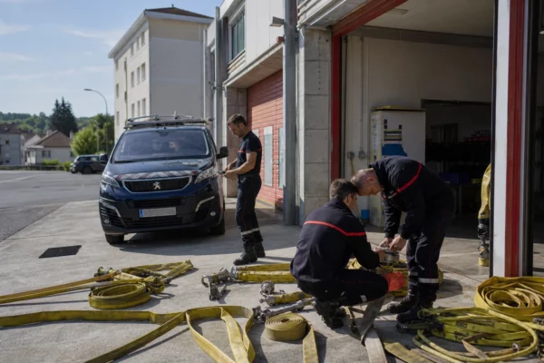 Des pompiers vérifient leur matériel dans une caserne de province française, sous une lumière claire et naturelle.