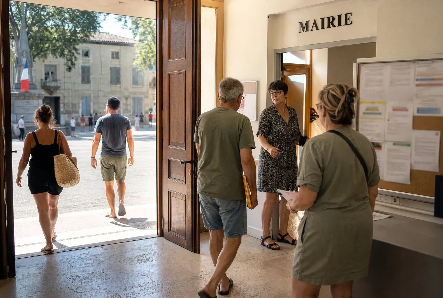 Des habitants anonymes traversent le parvis d’une mairie française en pleine journée, dans une ambiance civique calme.