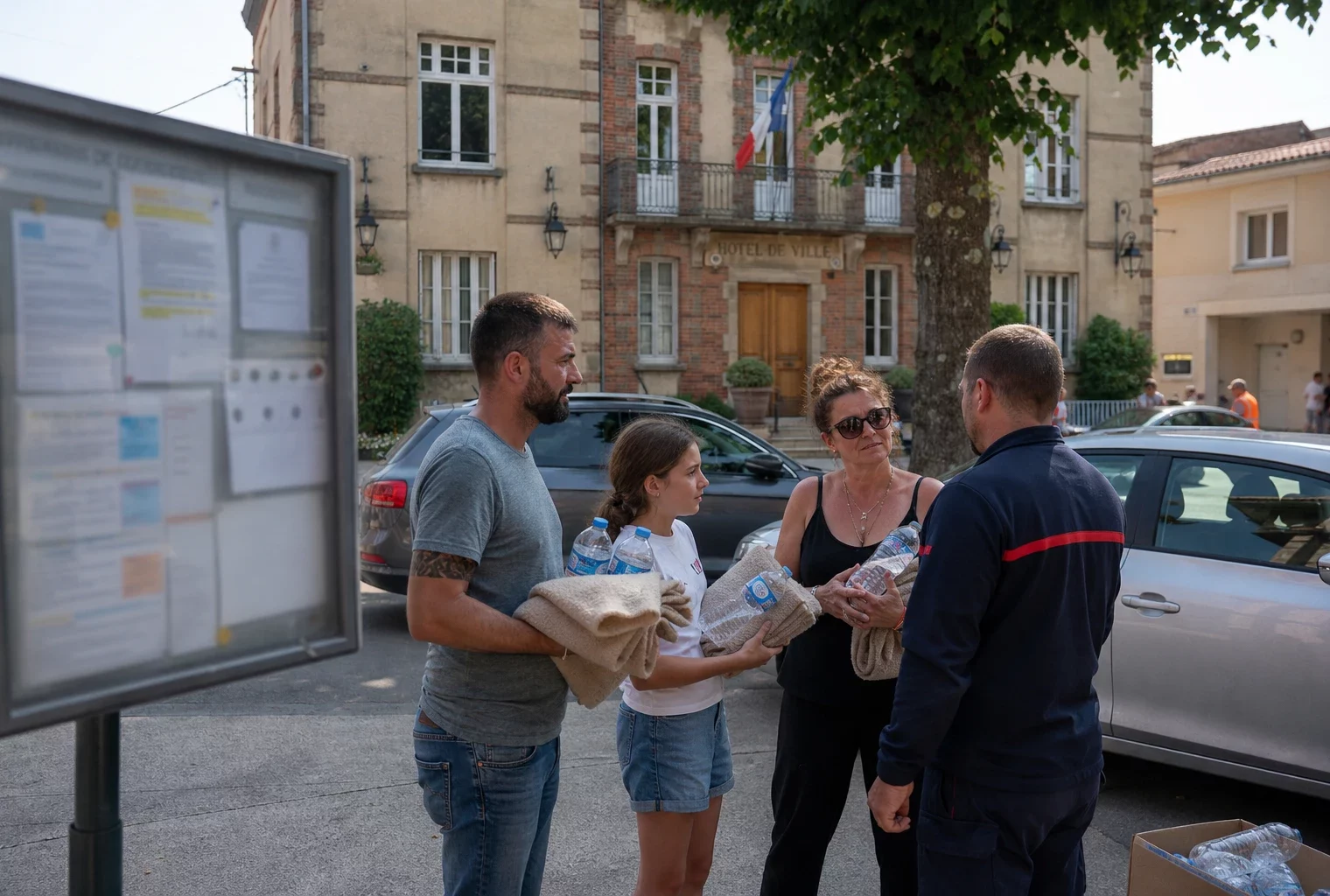 Des habitants se rassemblent près de la mairie d’une ville moyenne après un incendie, dans une scène de reportage en plein jour.