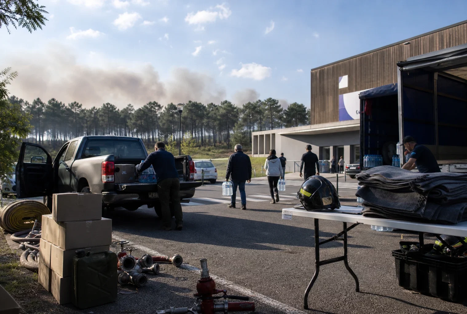 Point logistique calme près d’une forêt dans le Sud-Ouest, avec véhicules civils, bénévoles et matériel d’évacuation.