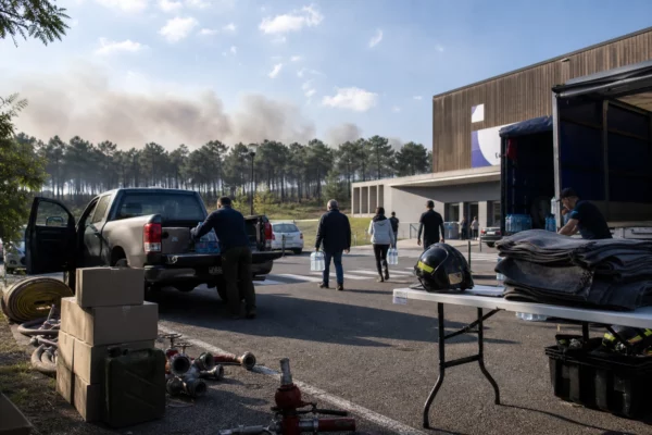 Point logistique calme près d’une forêt dans le Sud-Ouest, avec véhicules civils, bénévoles et matériel d’évacuation.