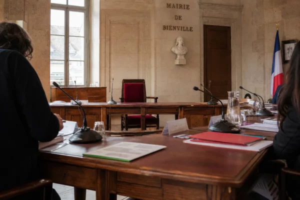 Salle municipale avec micros, dossiers flous et chaise vide, en lumière naturelle claire