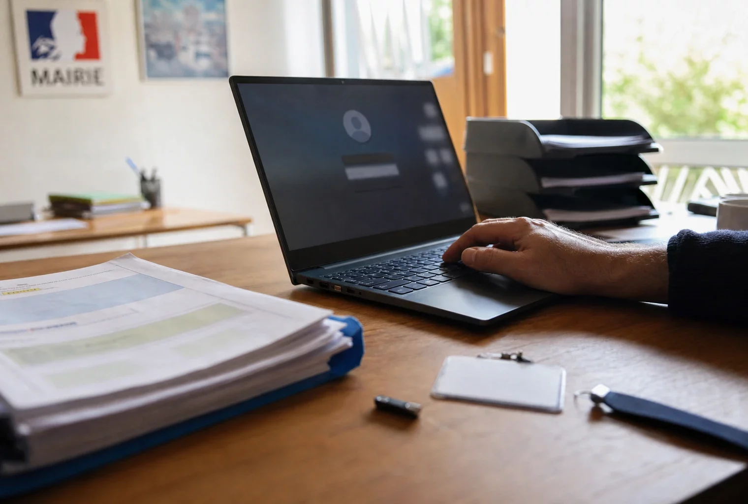 Gros plan d’un bureau de campagne avec dossier, badge neutre et main sur un clavier après une intrusion informatique.