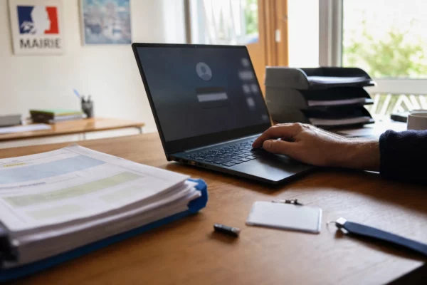 Gros plan d’un bureau de campagne avec dossier, badge neutre et main sur un clavier après une intrusion informatique.