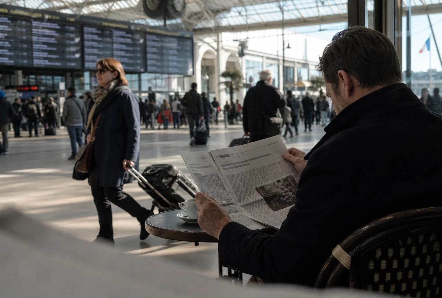 Voyageurs dans une gare française lumineuse, avec un journal plié et une ambiance de reportage politique.